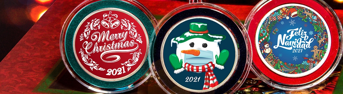 Colorized Silver holiday rounds, featuring rounds with different designs, including Merry Christmas 2021, a snowman wearing a mask, and Feliz Navidad 2021.