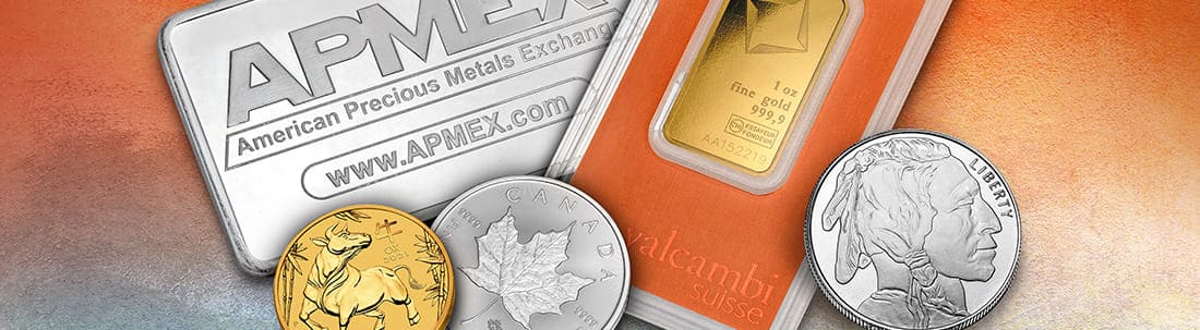 A variety of Silver and Gold bullion against an orange background