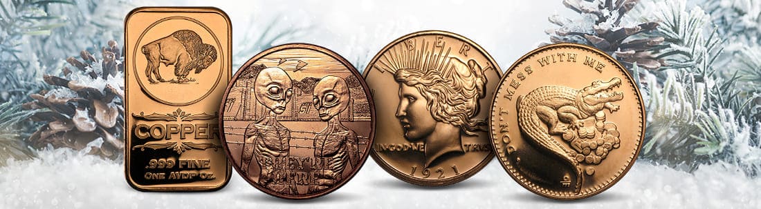 One Copper bar and three coins displaying a Buffalo, Area 51, Lady Liberty, and an Alligator.