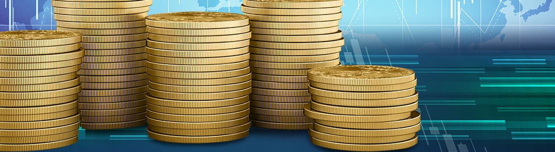 Stacks of Gold coins set against a blue background.