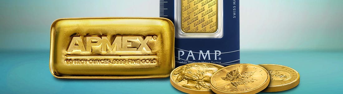 Gold coins and bars set against a blue background