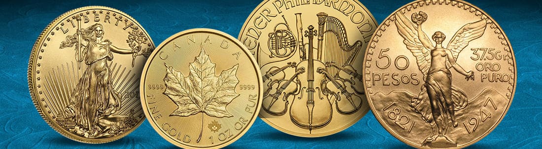 Four Gold coins including the American Eagle, Maple Leaf, Austrian Philharmonic, and a Mexican Libertad set on a blue background.