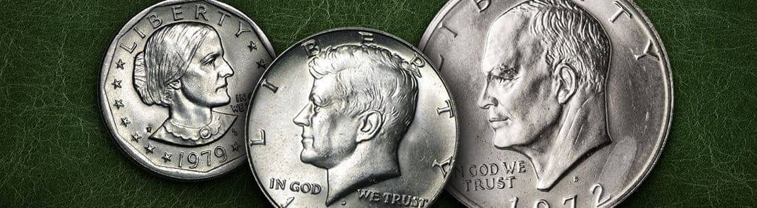 A selection of popular 40% Silver coins against a green background
