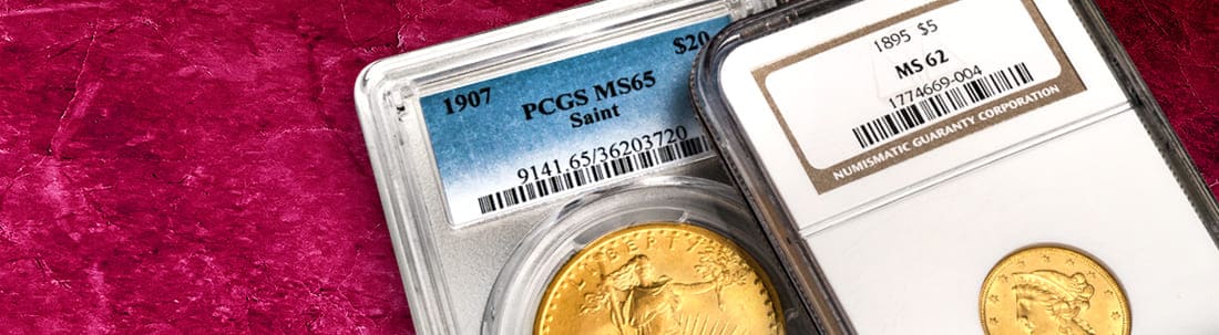 Two graded Gold coin slabs in PCGS MS-65 and MS-62 conditions.