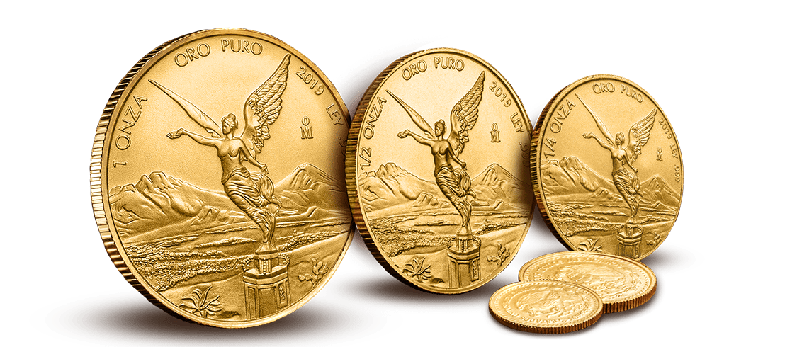 Five stacked Gold Mexican Libertads, displaying the important Mexican history with beautiful designs.