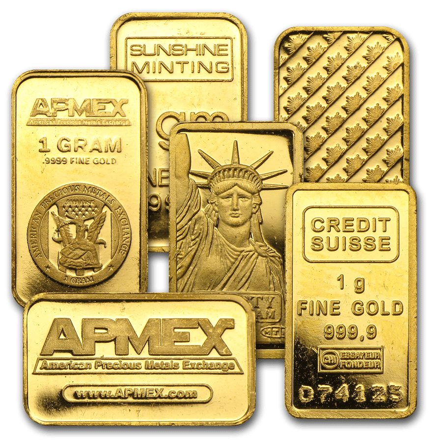 An assortment of five Gold bars.