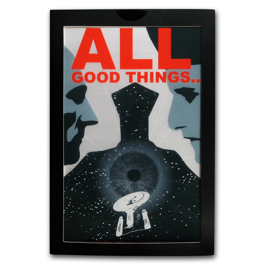 Features stylized artwork from Star Trek Next Generation that says