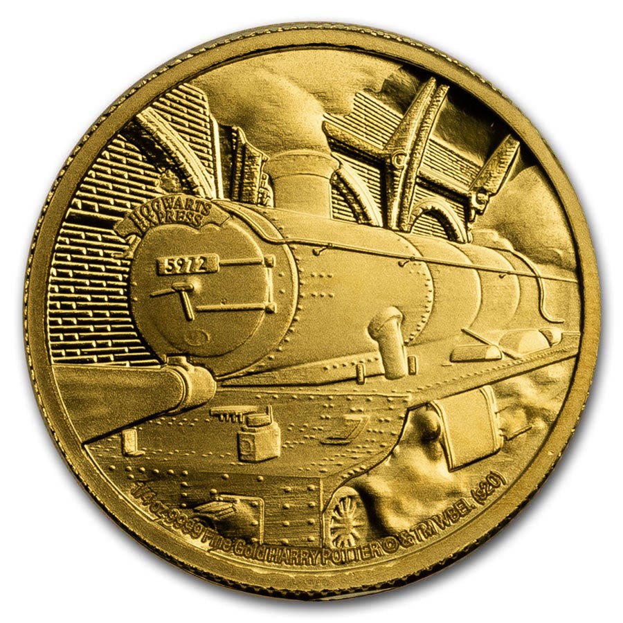 A depiction of the Hogwarts Express train on a Gold coin.