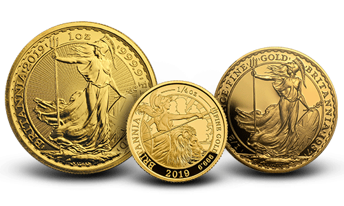 Three Gold Britannias, two displaying the obverse and one displaying the reverse.