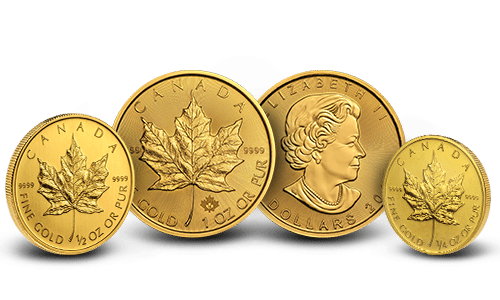 Four Gold Canadian Maple Leaf coins in various sizes.