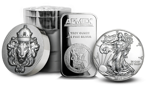 A variety of Silver products, including coins, rounds, and bars.