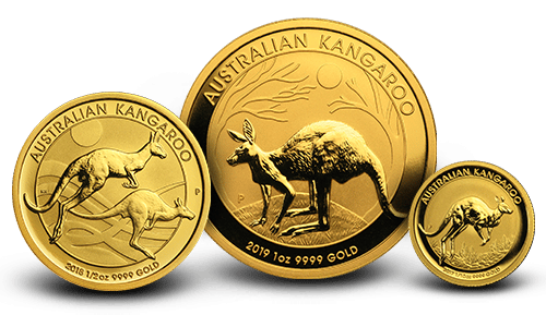 Three Gold Australian Kangaroos in various sizes, perfect for any collection.