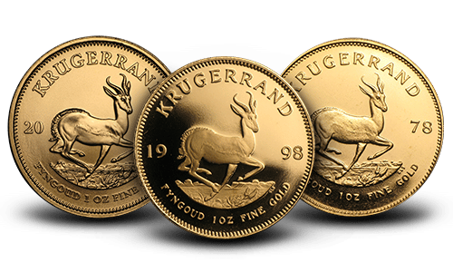 The obverses of three Gold Krugerrands.