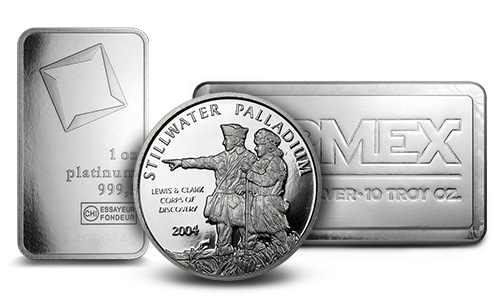 Silver, platinum, and palladium bars and rounds for an article titled "Silver vs Platinum & Silver vs Palladium: What is the Difference?"