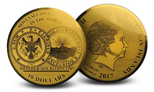 The obverse and reverse of a Gold Doubloons.