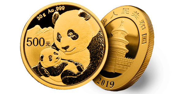 Two Gold Chinese Panda coins, displaying the classic obverse and reverse in beautiful detail.