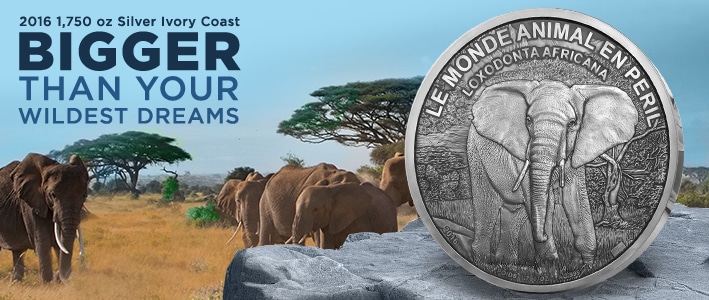 2016 1,750 Ounce Silver Ivory Coast Elephant