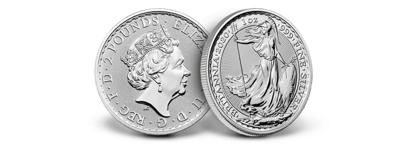 The obverse and reverse of a Silver British Britannia displaying the famous image of Britannia protecting the shoreline.