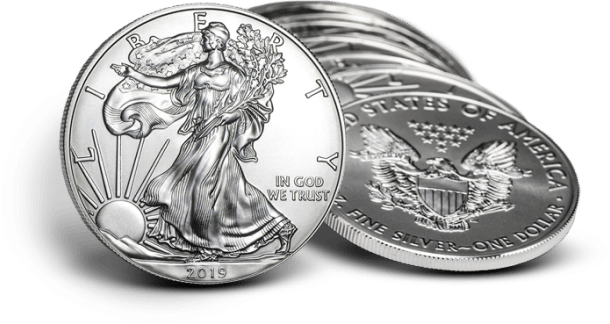 One standing Silver American Eagle displaying the obverse with a stack of Silver Eagle coins to display the reverse.