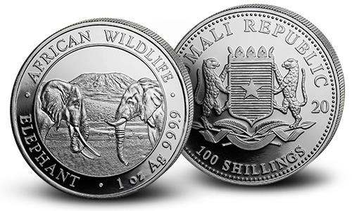 The obverse and reverse of a Somalian Silver Elephant displaying the words African Wildlife, Elephant, and the coins Silver content on the obverse.