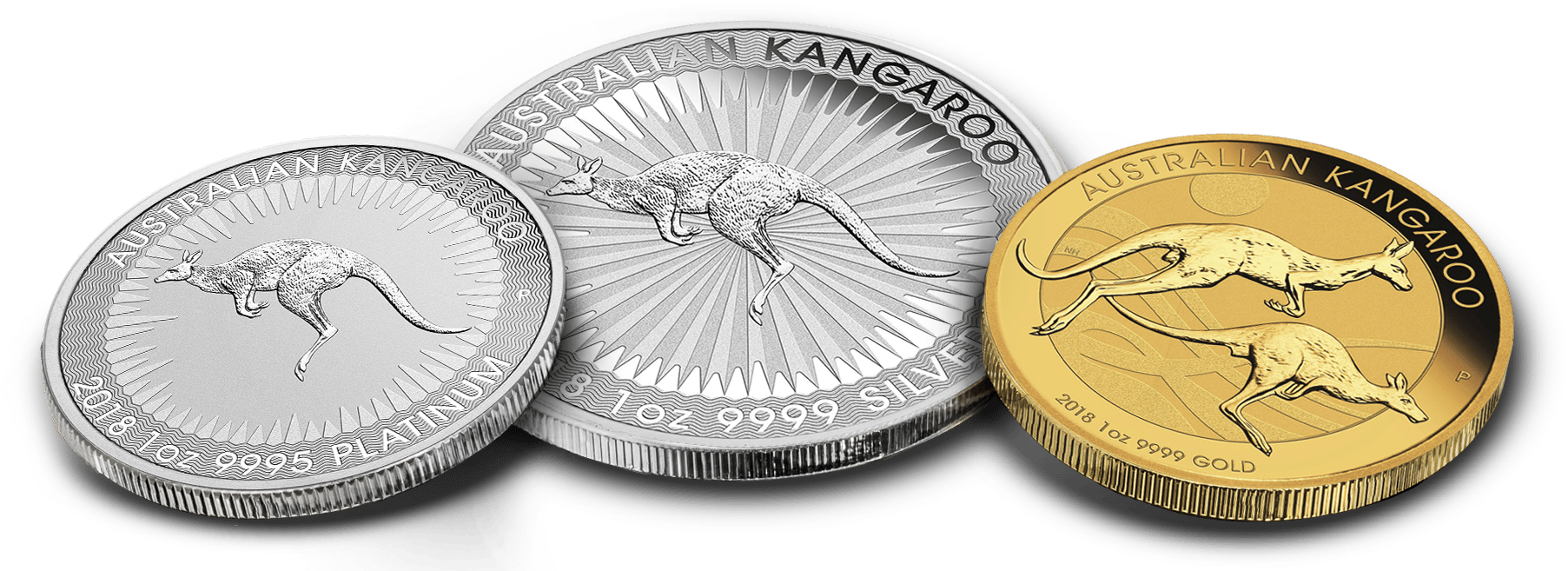 Three Australian Kangaroos, featuring two Silver coins and one Gold coin.