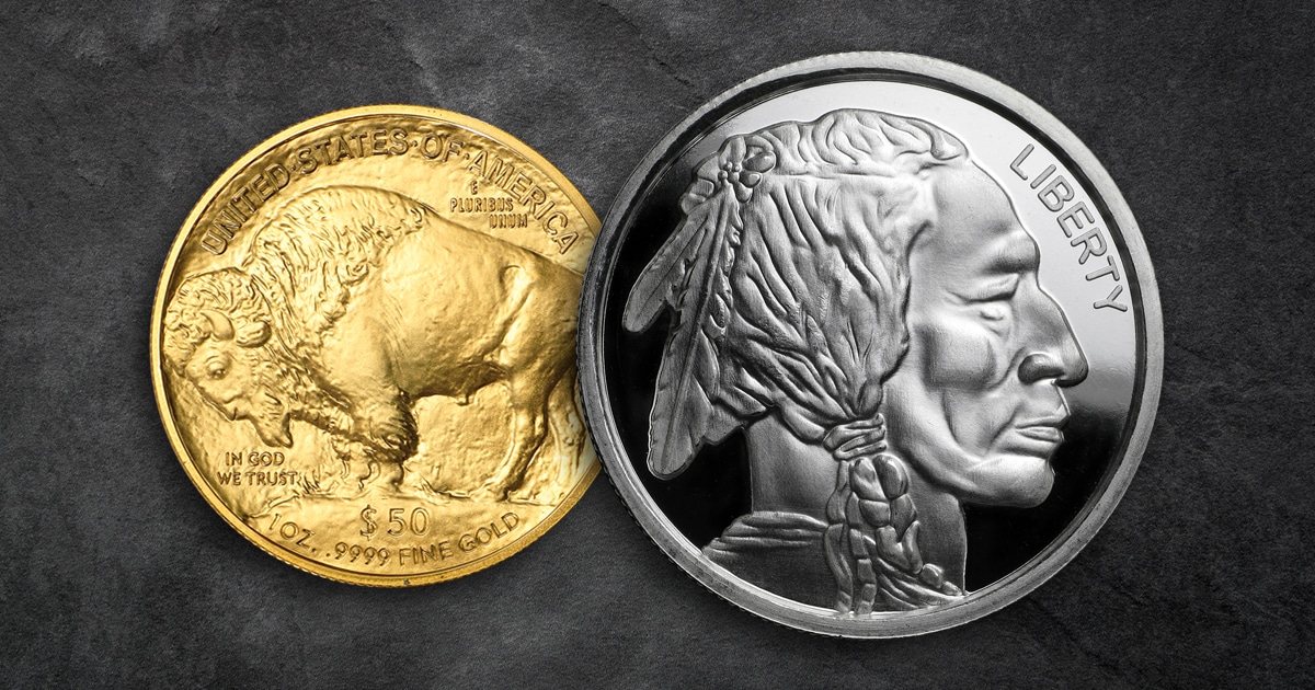 A Gold Buffalo coin and Silver Buffalo Round