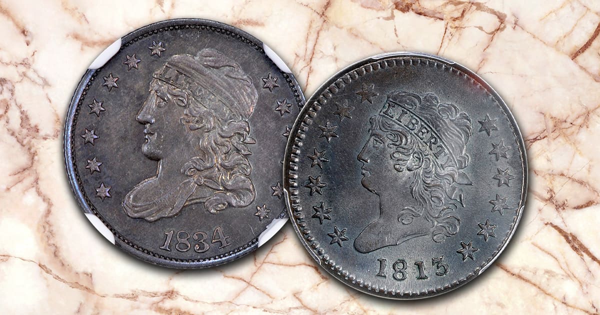 A Capped Bust Half Dime and Large Cent, facing obverse, sit atop a decorative background.