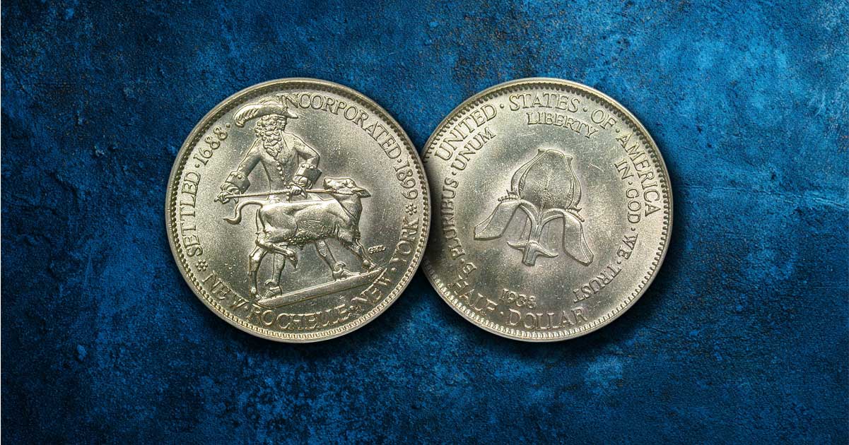 Two New Rochelle, New York Half Dollars on a table.