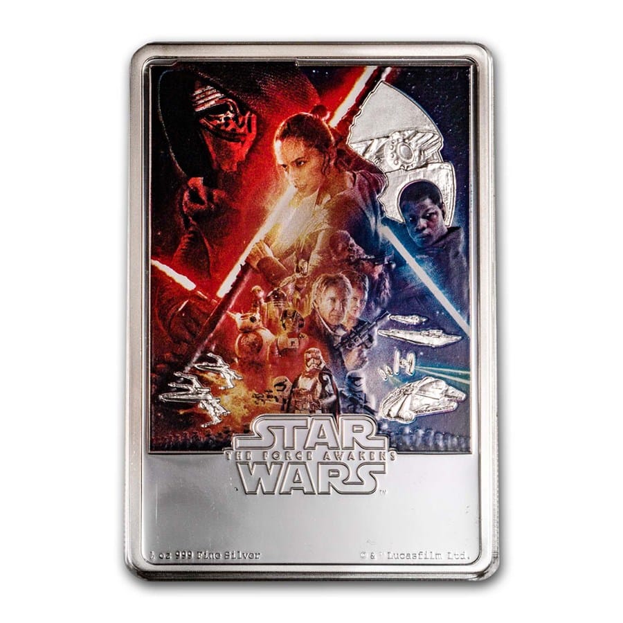 Star Wars The Force Awakens movie poster on a Silver bar.