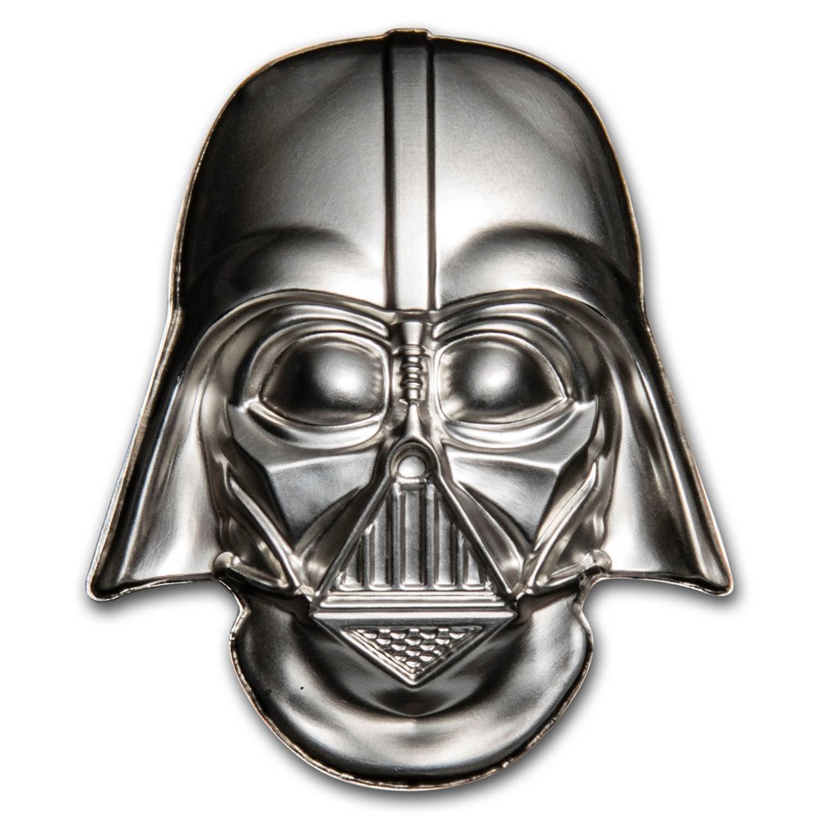 A Silver Darth Vader helmet coin from the Star Wars series.