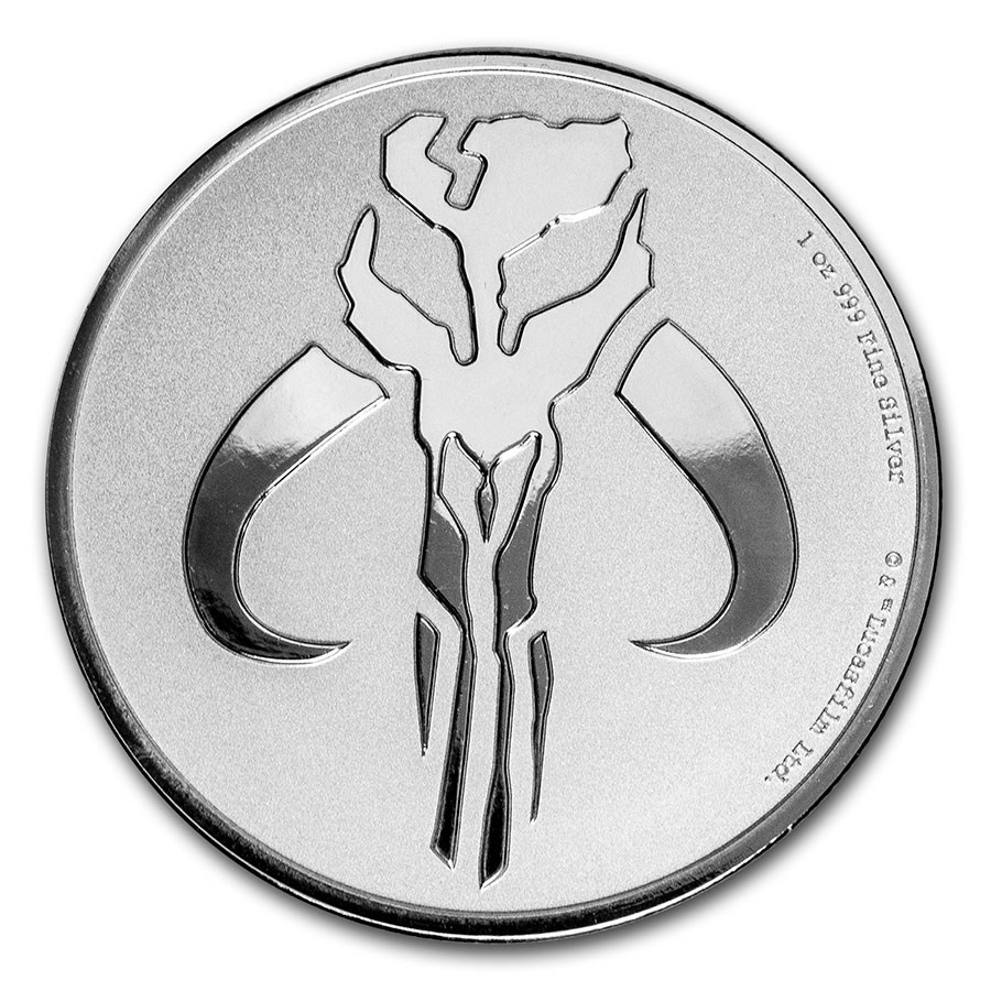 The Mandalorian Mythosaur insignia on a Silver coin.