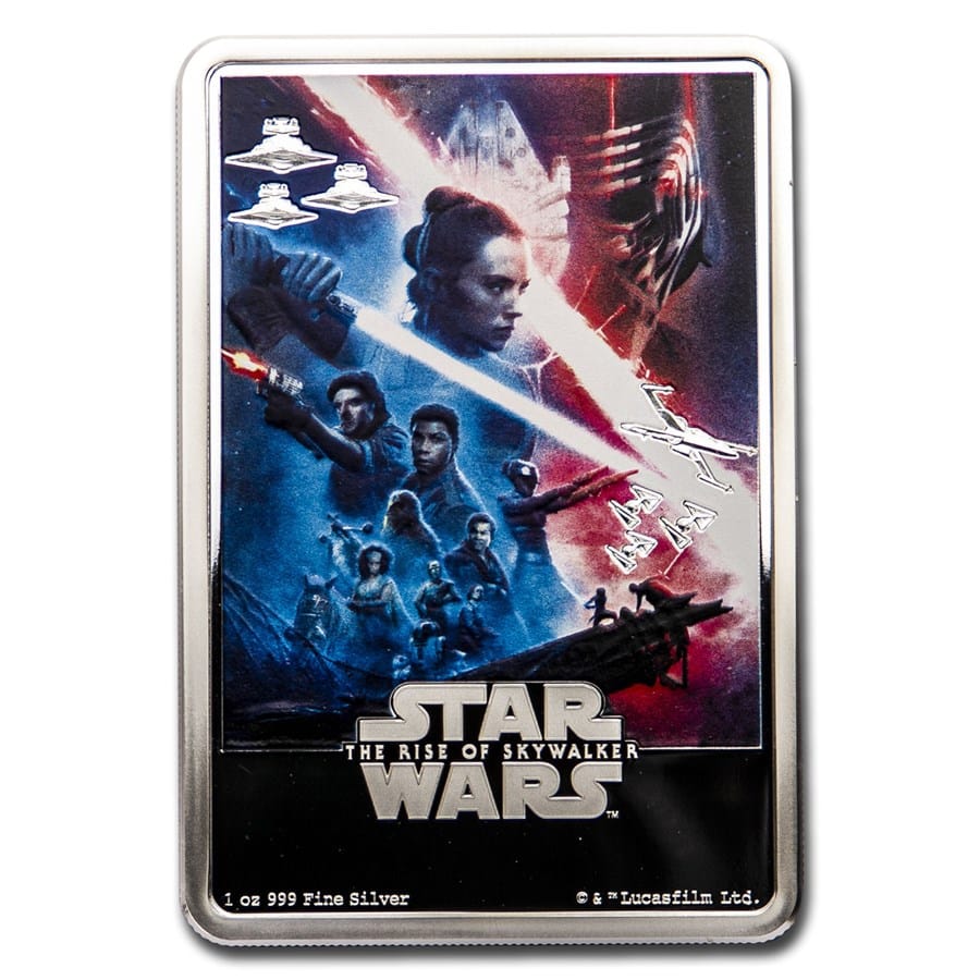Star Wars The Rise of Skywalker film poster on a Silver bar.