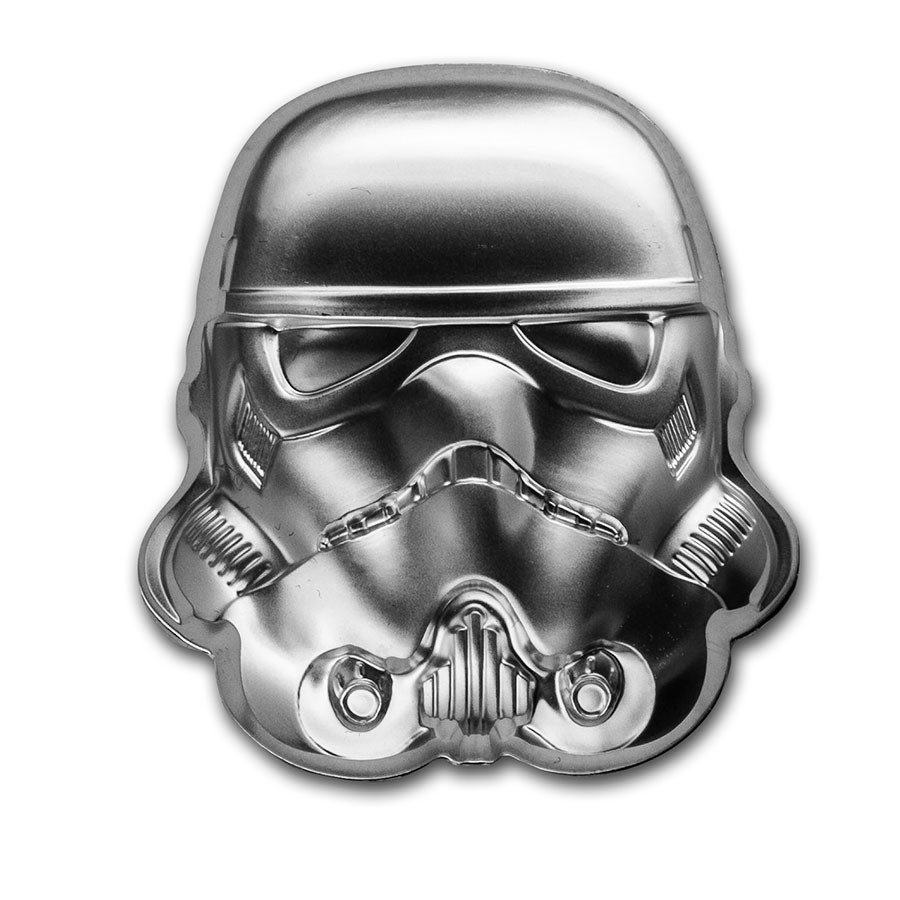 A Silver Stormtrooper helmet coin from the Star Wars franchise.
