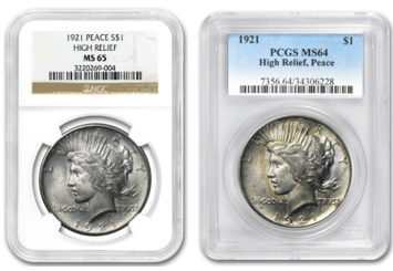 High Relief 1921 Silver Peace Dollars