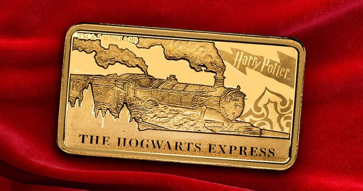 A zoomed out view of the Hogwarts Express on a Gold coin.