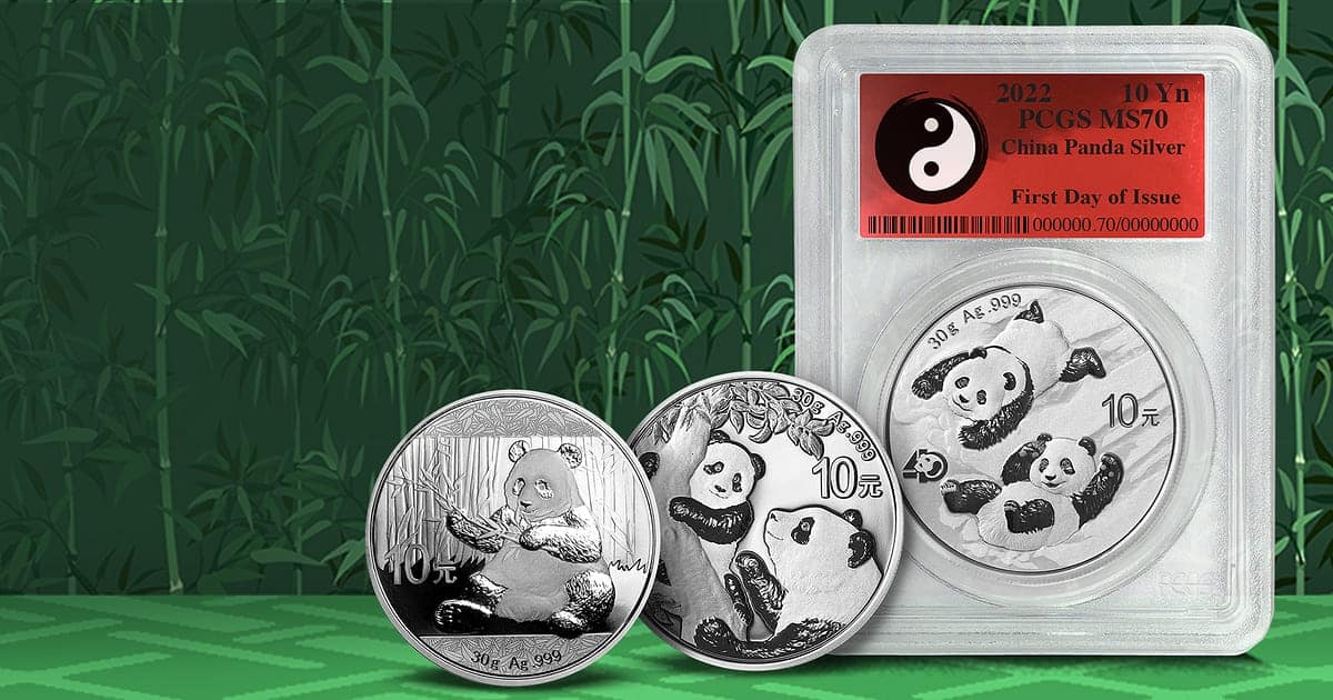 Three Silver Panda coins, one in a certified holder.