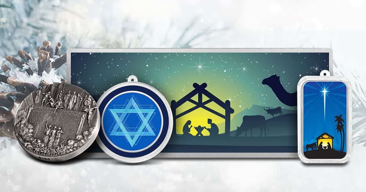 Several APMEX products that depict Christmas Hannukah imagery against a snowy background.