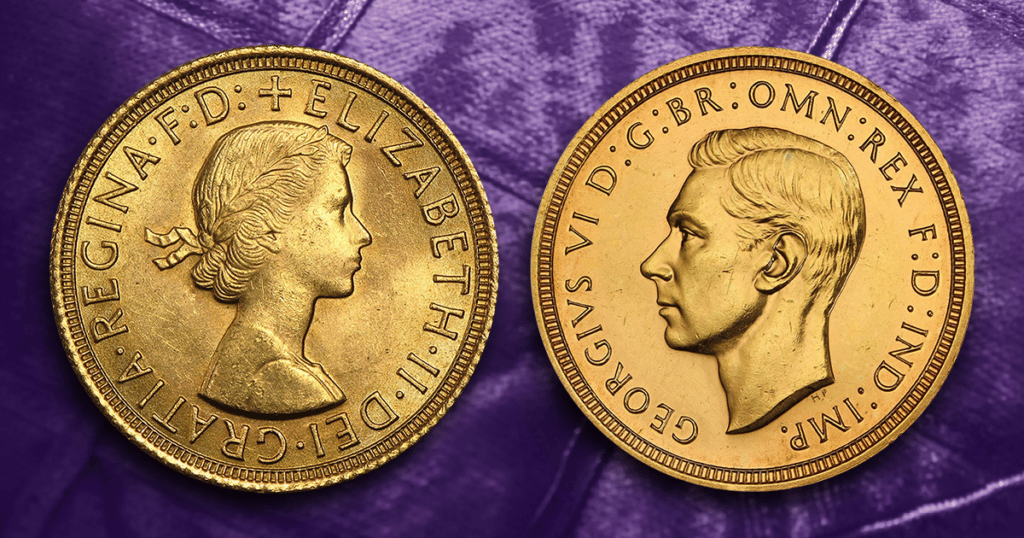 Queen Elizabeth II and King Charles III on Gold coins that are facing each other against a purple back drop.