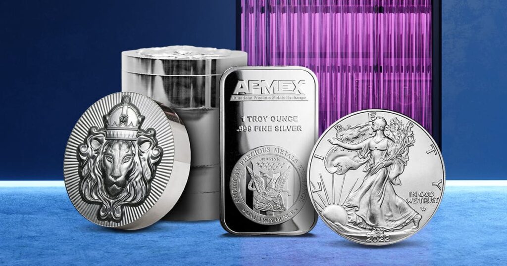 Various Silver products, including a Silver American Eagle coin, an APMEX-branded Silver bar and a tube of SIlver coins.