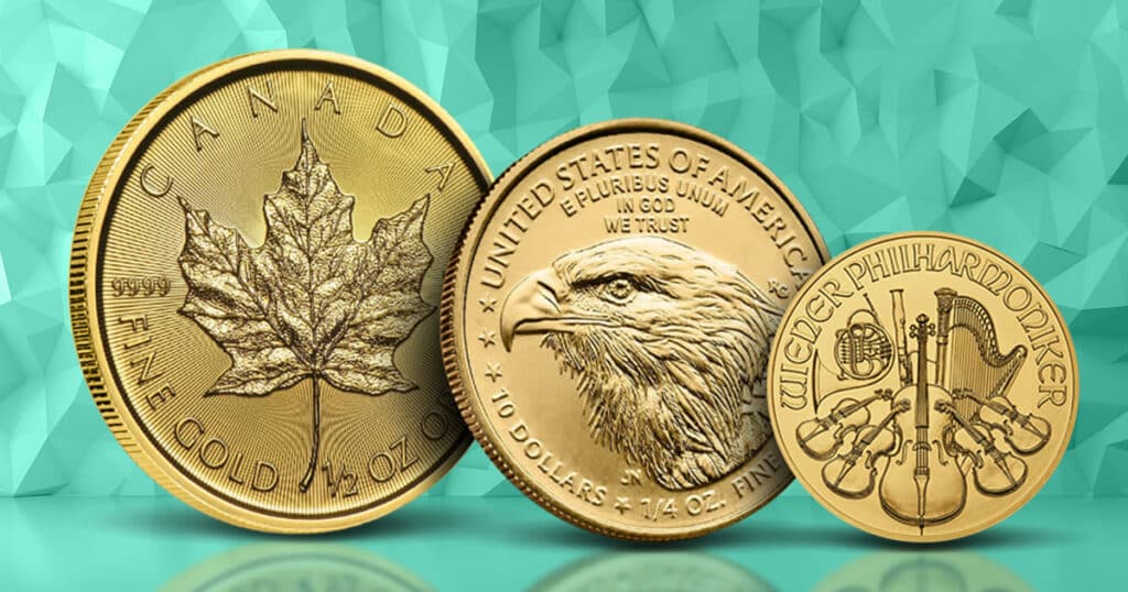 A Gold Canadian Maple Leaf, Gold American Eagle, and a Gold Austrian Philharmonic.