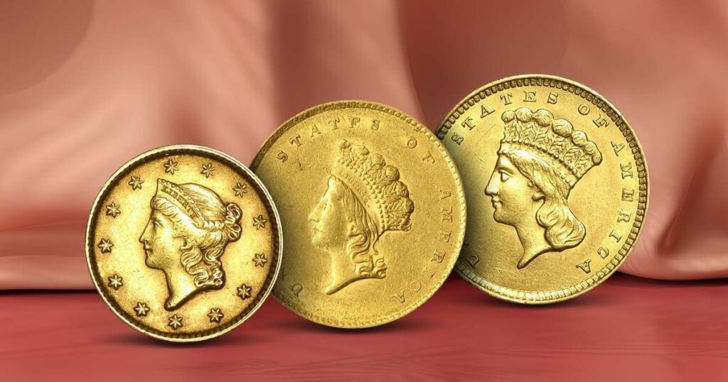 Shows Type 1, 2, and 3 Gold dollar coins against a faded orange background