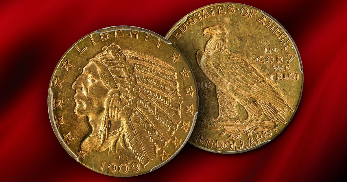 Two $5.00 Indian Head coins showing both the obverse and reverse.