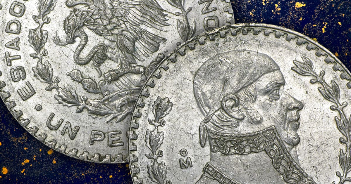 1957-1967 Silver Mexican 1-peso coins.