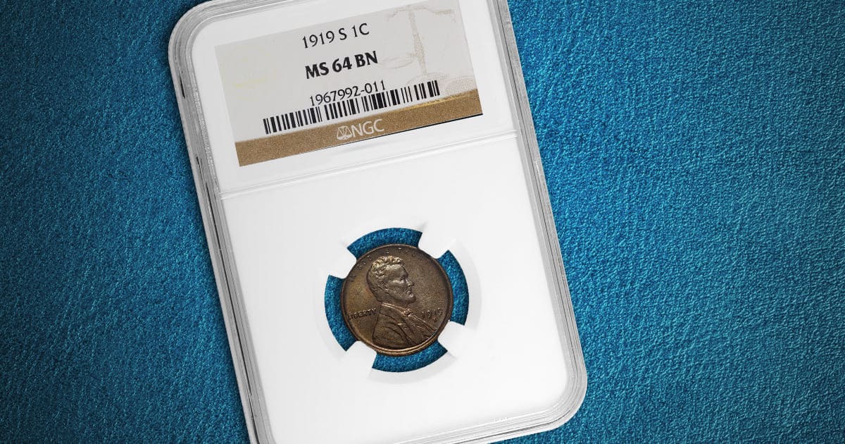 An MS-64 1919 Lincoln Cent in an NGC holder