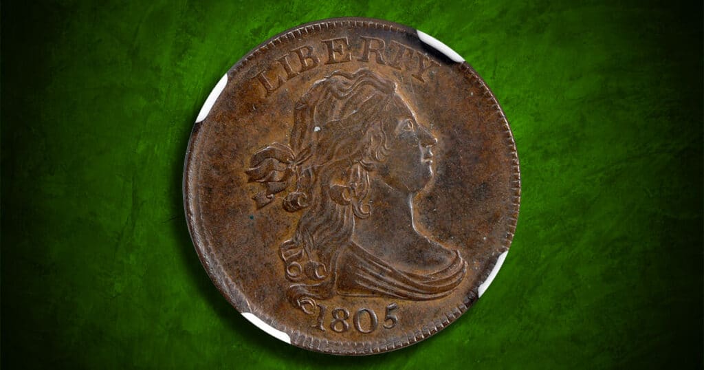 Half Cents - Draped Bust - 1800 to 1808 on a green background.