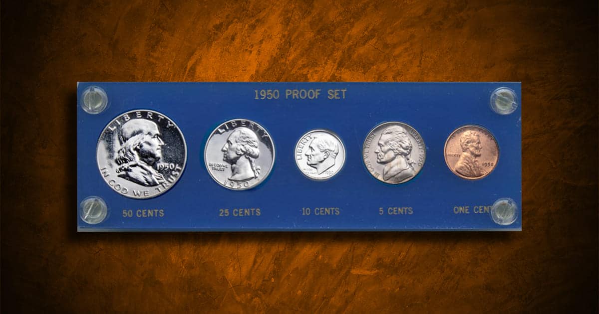 1950 Proof Set of U.S. coins in a blue holder.