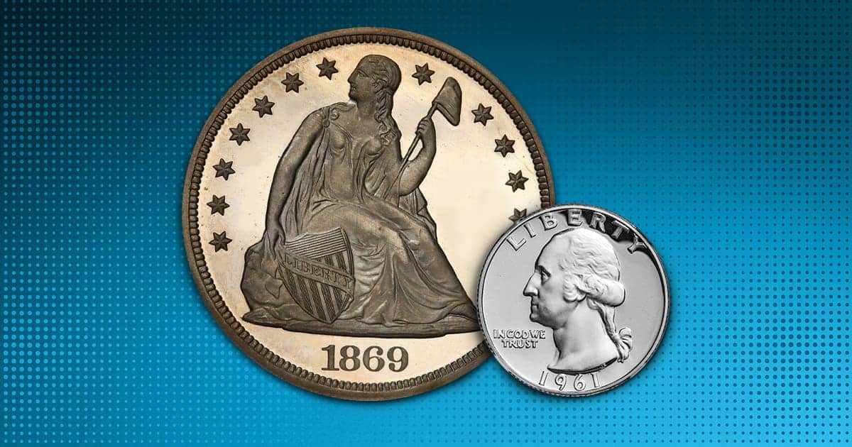 A 1961 Washington PR-68 and 1869 Liberty Seated Dollar PR-66 in front of a decorative blue background.