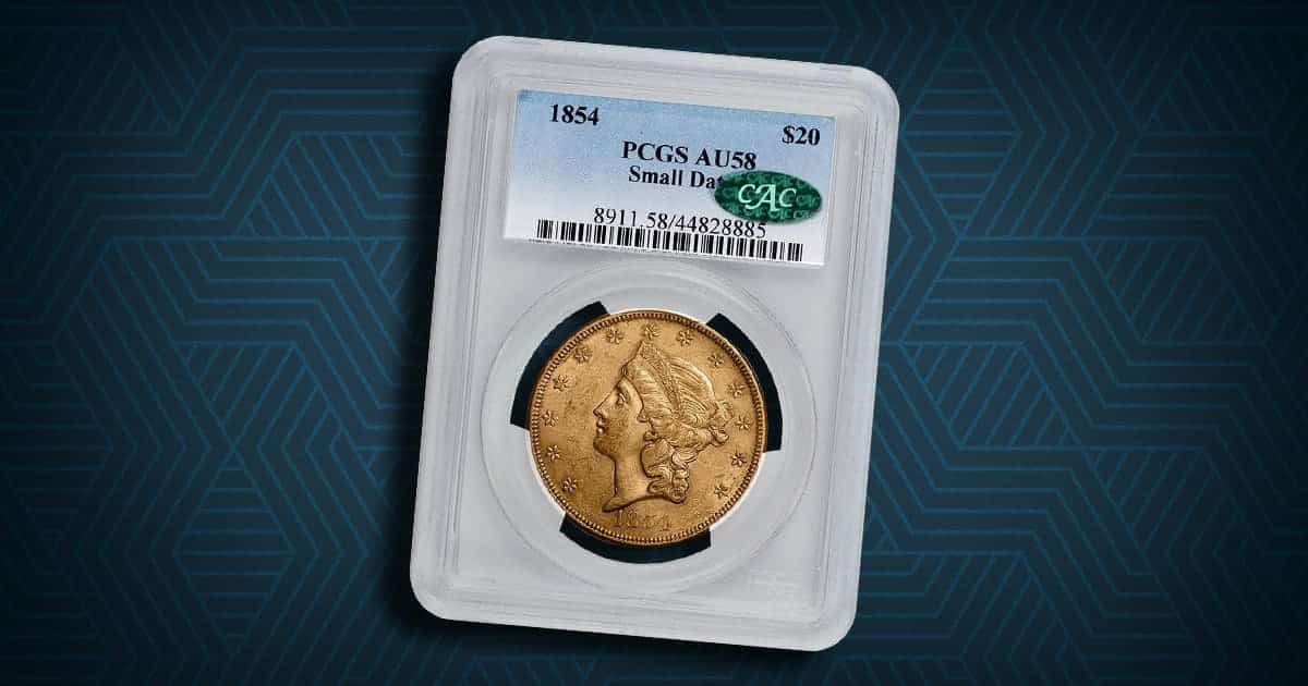 An 1854 $20 Liberty Gold Double Eagle in a Holder.