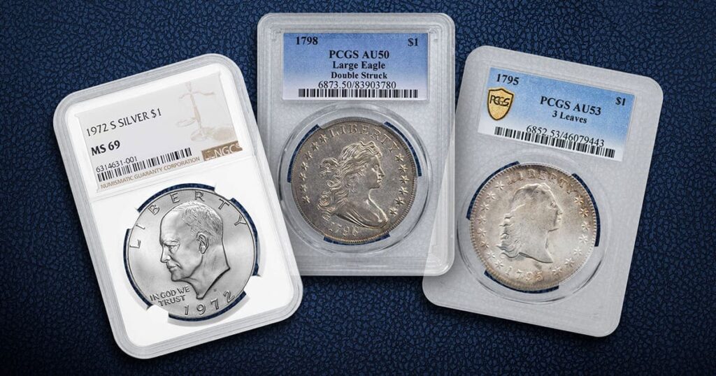 Three popular, certified silver dollars.