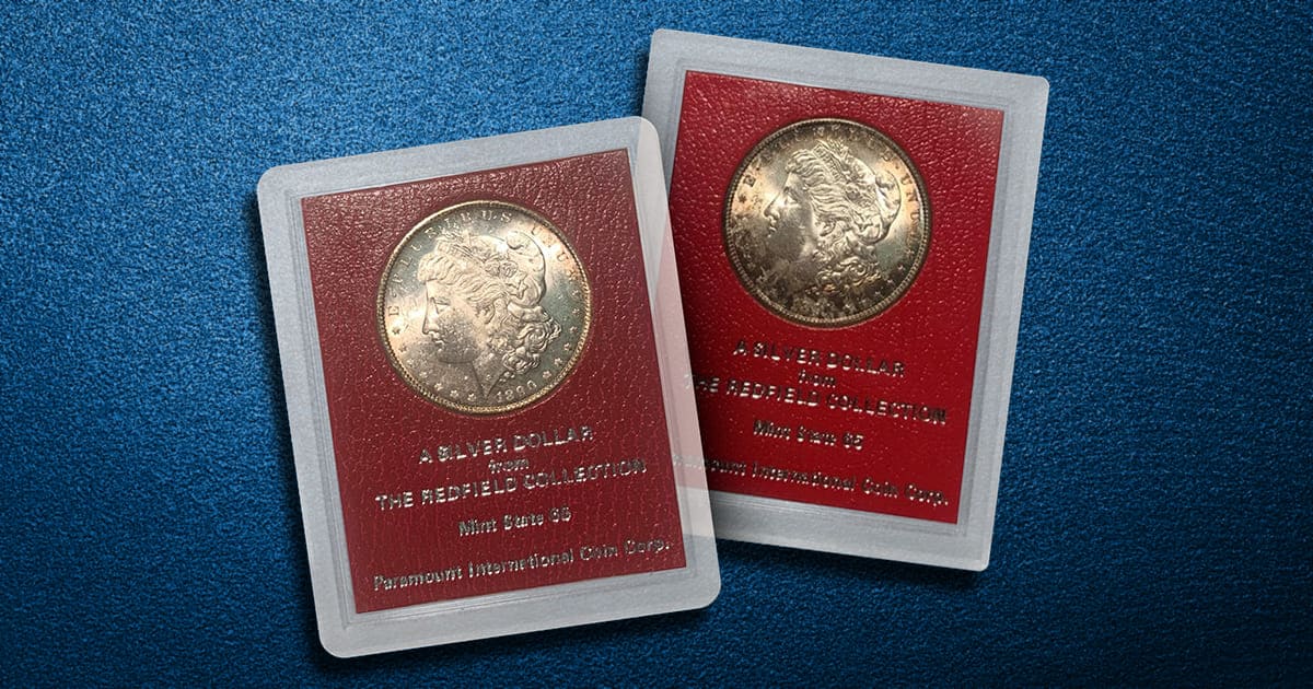 Two Morgan Silver Dollars from the Redfield Hoard are shown side by side.